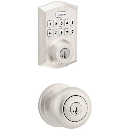 Kwikset Juno Single Cylinder Keyed Entry Knob Set and Electronic Keyless Entry Deadbolt Combo Pack with SmartKey from the Home Connect Collection Satin Nickel