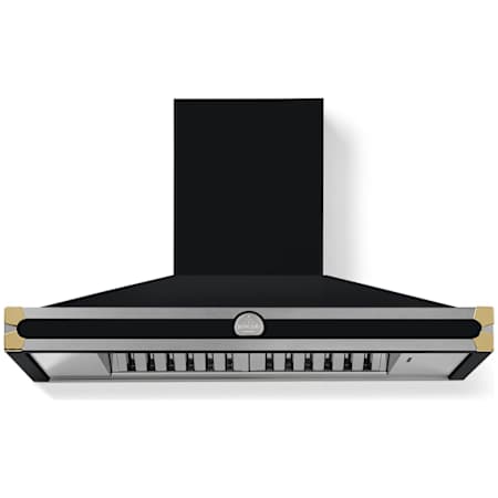 Finish: La Cornue CornuFe Series 600 CFM 44 Inch Wide Wall Mounted Range Hood Gloss Back / Stainless Steel / Polished Brass Trim