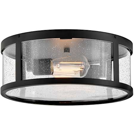 Lark Alfie 2 Light 14" Wide Flush Mount Drum Outdoor Ceiling Fixture with Seedy Glass Shade Black
