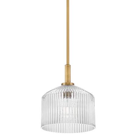 Lark Lisette 1 Light 9" Wide Mini Pendant with Ribbed Glass Shade Lacquered Brass / Clear