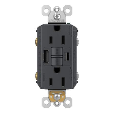 Legrand Radiant 15 Ampere Tamper Resistant Self-Test GFCI Electrical Outlet with USB Type A/C Graphite