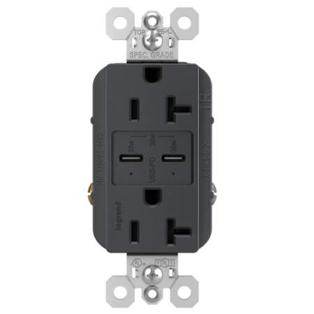 Legrand radiant 20 Ampere Spec Grade Tamper Resistant Electrical Outlet with Power Delivery USB-C Charging Ports Graphite