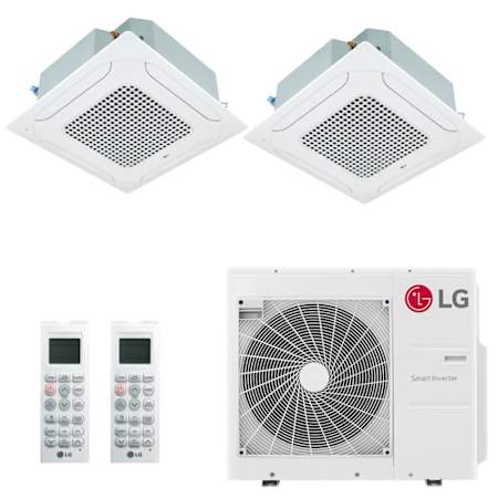 LG 18K BTU Cooling 20 SEER2 Two Zone Ceiling Cassette Mini Split Package with 7K + 7K Indoor Units White