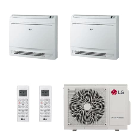 LG 24K BTU Cooling 22.5 SEER2 Two Zone Floor Console Mini Split Package with 15K + 15K Indoor Units White