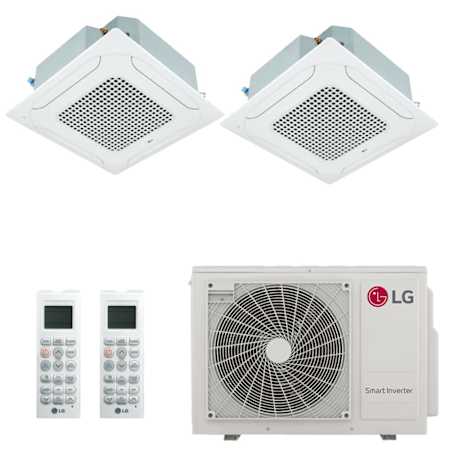 LG 24K BTU Cooling 22.5 SEER2 Two Zone Ceiling Cassette Mini Split Package with 7K + 18K Indoor Units White