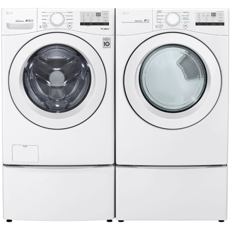 LG 27 Inch Wide 4.5 Cu. Ft. Front Load Washer and 7.4 Cu. Ft. Gas Dryer Laundry Pair with Pedestal Storage Drawers and 6Motion Technology White