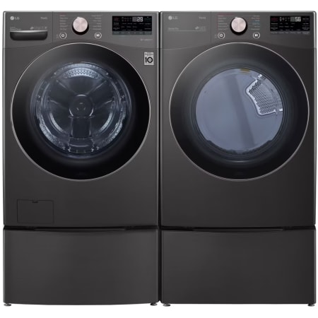 LG 27 Inch Wide 4.5 Cu. Ft. Front Load Washer and 7.4 Cu. Ft. Gas Dryer Laundry Pair with Pedestal Storage Drawers and SmartWash Black Steel