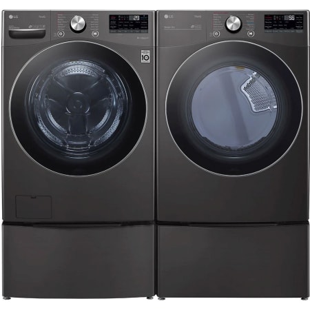 LG 27 Inch Wide 5 Cu. Ft. Front Load Washer and 7.4 Cu. Ft. Gas Dryer Laundry Pair with Pedestal Storage Drawers and TurboWash Black Steel