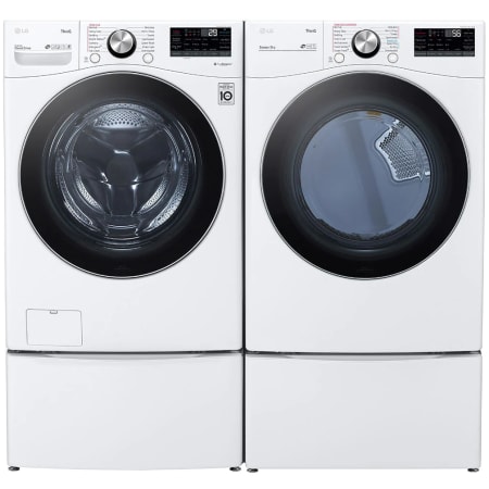 LG 27 Inch Wide 5 Cu. Ft. Front Load Washer and 7.4 Cu. Ft. Electric Dryer Laundry Pair with Pedestal Storage Drawers and TurboWash White