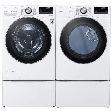 LG 27 Inch Wide 5 Cu. Ft. Front Load Washer and 7.4 Cu. Ft. Gas Dryer Laundry Pair with Pedestal Storage Drawers and TurboWash White