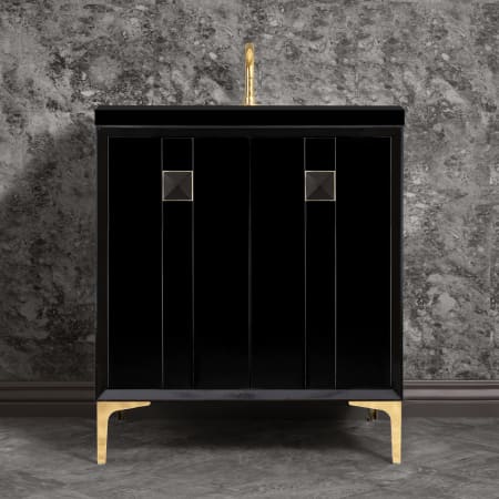 Linkasink Tuxedo 30" Single Free Standing Vanity Cabinet Only - Less Vanity Top Black / Polished Brass with Black Prism Glass