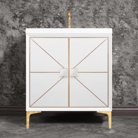 Linkasink Divergence 30" Single Free Standing Vanity Cabinet Only - Less Vanity Top White / Polished Brass with White Glass