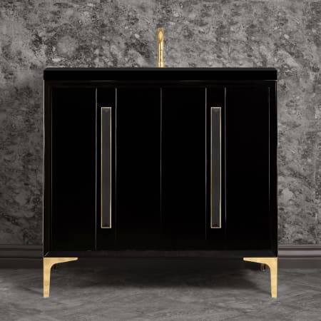 Linkasink Tuxedo 36" Single Free Standing Vanity Cabinet Only - Less Vanity Top Black / Polished Brass with Black Prism Glass