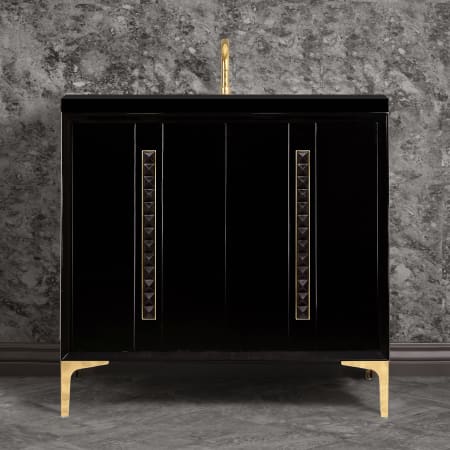 Linkasink Tuxedo 36" Single Free Standing Vanity Cabinet Only - Less Vanity Top Black / Polished Brass with Black Pyramid Glass