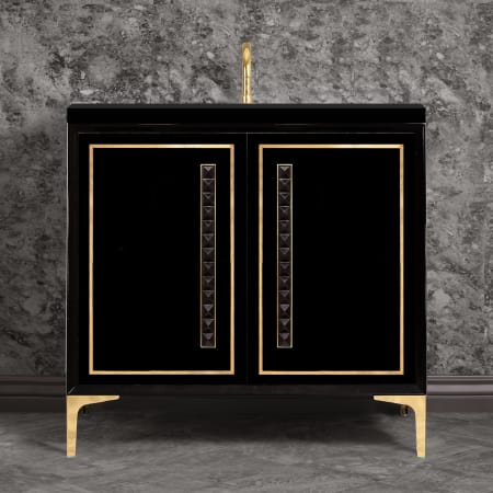 Linkasink Linea 36" Single Free Standing Vanity Cabinet Only - Less Vanity Top Black / Polished Brass with Black Pyramid Glass