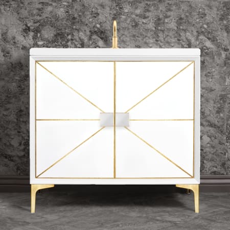Linkasink Divergence 36" Single Free Standing Vanity Cabinet Only - Less Vanity Top White / Satin Brass with White Glass