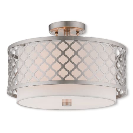 Livex Lighting Arabesque 3 Light 15-1/4" Wide Semi-Flush Drum Ceiling Fixture with Outer Hardback and Inner Fabric Shade Brushed Nickel