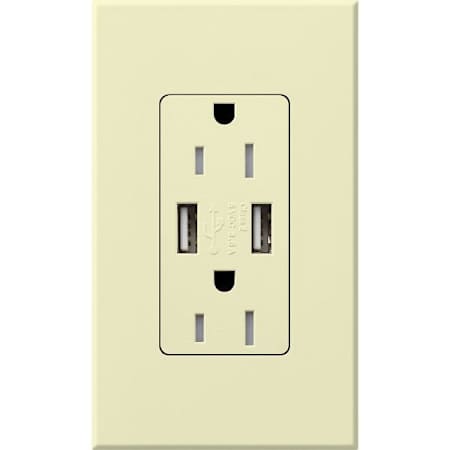 Lutron Architectural 15A Tamper-Resistant USB-A Duplex Receptacle, Self-Testing, Wall Plate Included Almond