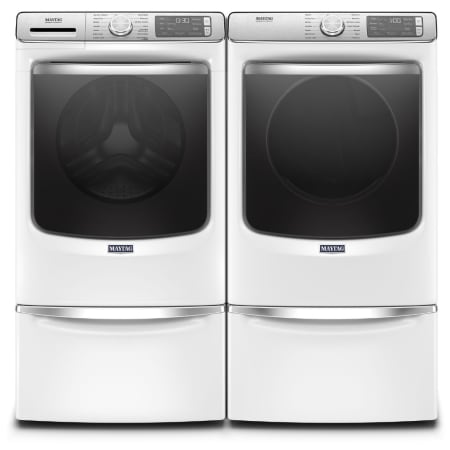 Maytag 27 Inch Wide 5 Cu. Ft. Washer and 27 Inch Wide 7.3 Cu. Ft. Gas Dryer Laundry Pair with Storage Pedestal and 24 Hr Fresh Hold® Option White