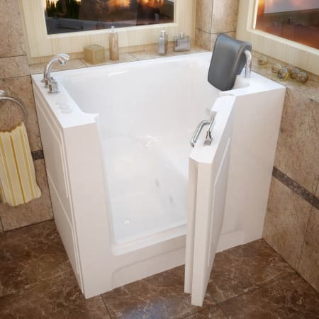MediTub 39" Acrylic Whirlpool Walk In Tub for Alcove, Corner, or Single Wall Installations with Left Drain, Drain Assembly, Overflow, Roman Tub Filler and Hand Shower White