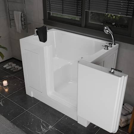 MediTub 47" Acrylic Soaking Walk In Tub for Alcove, Corner, or Single Wall Installations with Right Drain, Overflow, Fast Filling Roman Tub Filler and Hand Shower White