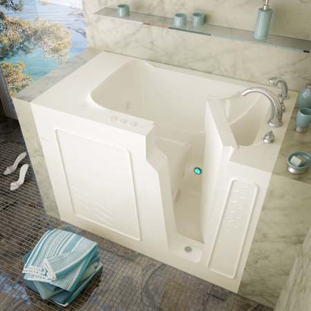 MediTub 52" Fiberglass Whirlpool Walk In Tub for Alcove Installations with Left Drain, Drain Assembly, Overflow, 8" Extension Panel, Roman Tub Filler and Hand Shower Biscuit