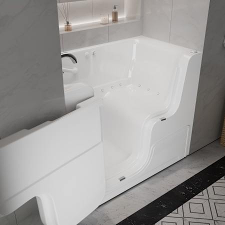 MediTub 53" Fiberglass Air Walk In Tub for Alcove Installations with Left Drain, Drain Assembly, Overflow, Aroma, Chroma Therapy, Roman Tub Filler and Hand Shower White