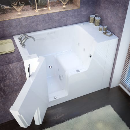 MediTub 53" Fiberglass Air / Whirlpool Walk In Tub for Alcove Installations with Left Drain, Drain Assembly, Overflow, 7" Extension Panel, Roman Tub Filler and Hand Shower White
