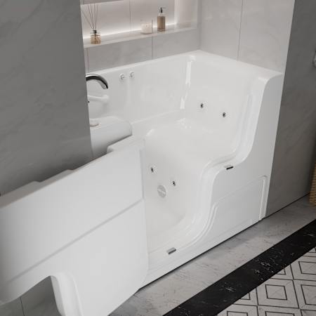 MediTub 53" Fiberglass Whirlpool Walk In Tub for Alcove Installations with Powered Fast Left Drain, Overflow, Roman Tub Filler and Hand Shower White