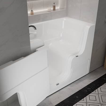 MediTub 53" Fiberglass Soaking Walk In Tub for Alcove Installations with Left Drain, Drain Assembly, Overflow, Hand Shower and Roman Tub Filler White