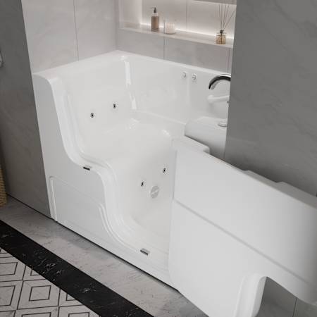 MediTub 53" Fiberglass Whirlpool Walk In Tub for Alcove Installations with Powered Fast Right Drain, Overflow, Roman Tub Filler and Hand Shower White