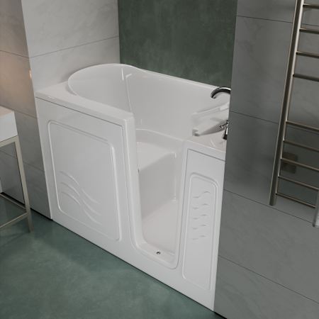 MediTub 53" Fiberglass Soaking Walk In Tub for Alcove Installations with Right Drain, Drain Assembly, Overflow, Fast Filling Roman Tub Filler and Hand Shower White