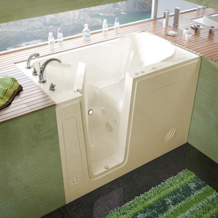 MediTub 54" Acrylic Whirlpool Walk In Tub for Alcove Installations with Left Drain, Drain Assembly, Overflow, Powered Fast Drain, Roman Tub Filler and Hand Shower Biscuit