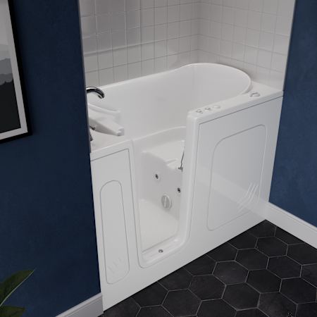 MediTub 54" Acrylic Whirlpool Walk In Tub for Alcove Installations with Left Drain, Drain Assembly, Overflow, Powered Fast Drain, Roman Tub Filler and Hand Shower White