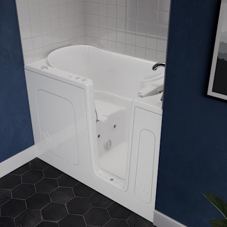 MediTub 54" Acrylic Whirlpool Walk In Tub for Alcove Installations with Right Drain, Drain Assembly, Overflow, Powered Fast Drain, Roman Tub Filler and Hand Shower White