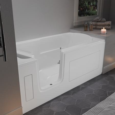 MediTub 60" Acrylic Soaking Walk In Tub for Alcove Installations with Left Drain, Drain Assembly, Overflow and Wide Swing Door White