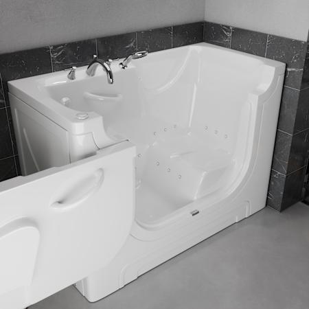 MediTub 60" Fiberglass Air Walk In Tub for Alcove, Corner, or Single Wall Installations with Left Drain, Drain Assembly, Overflow, Aroma, Chroma Therapy, Roman Tub Filler and Hand Shower White