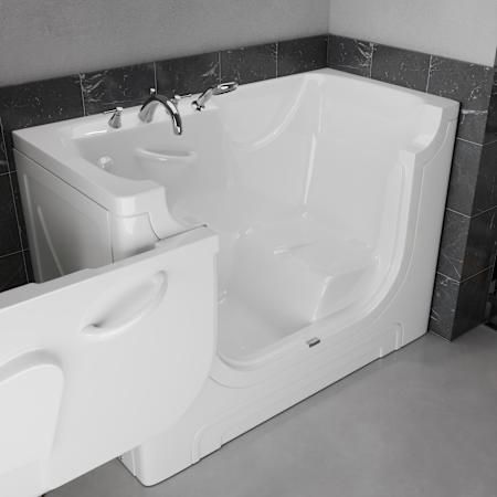 MediTub 60" Fiberglass Soaking Walk In Tub for Alcove, Corner, or Single Wall Installations with Left Drain, Drain Assembly, Fast Filling Roman Tub Filler and Hand Shower White
