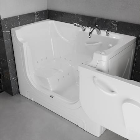MediTub 60" Fiberglass Air Walk In Tub for Alcove, Corner, or Single Wall Installations with Right Drain, Drain Assembly, Overflow, Aroma, Chroma Therapy, Roman Tub Filler and Hand Shower White