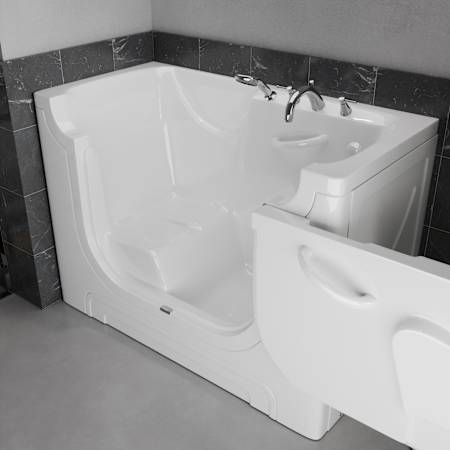 MediTub 60" Fiberglass Soaking Walk In Tub for Alcove, Corner, or Single Wall Installations with Right Drain, Drain Assembly, Fast Filling Roman Tub Filler and Hand Shower White