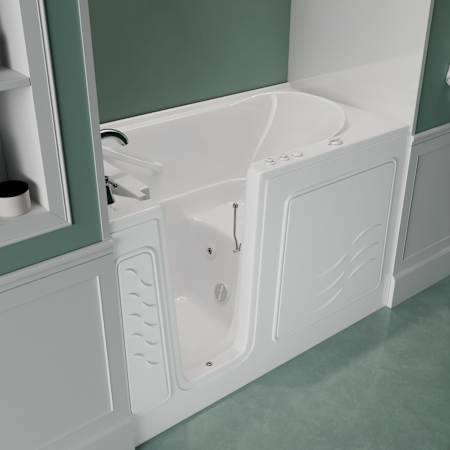 MediTub 60" Fiberglass Whirlpool Walk In Tub for Alcove Installations with Powered Fast Left Drain, Overflow, Roman Tub Filler and Hand Shower White