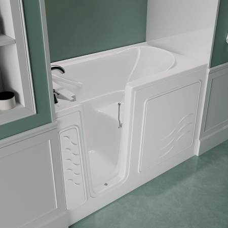 MediTub 60" Fiberglass Soaking Walk In Tub for Alcove Installations with Left Drain, Drain Assembly, Overflow, Roman Tub Filler and Hand Shower White
