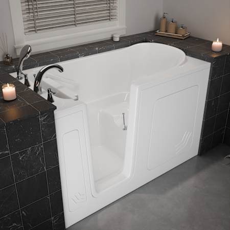 MediTub 60" Acrylic Soaking Walk In Tub for Alcove Installations with Left Drain, Drain Assembly, Overflow, Roman Tub Filler and Hand Shower White