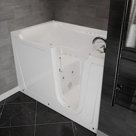 MediTub 60" Fiberglass Whirlpool Walk In Tub for Alcove Installations with Right Drain, Overflow, Powered Fast Drain, Roman Tub Filler and Hand Shower White