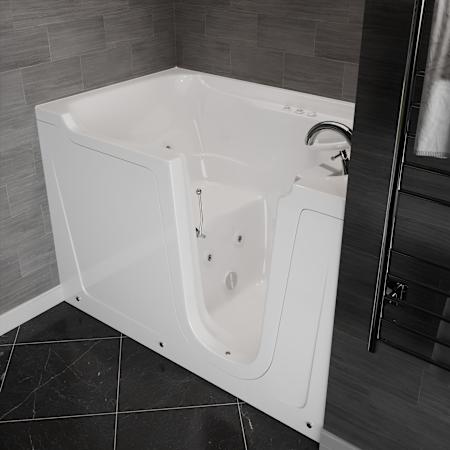 MediTub 60" Fiberglass Whirlpool Walk In Tub for Alcove Installations with Right Drain, Drain Assembly, Overflow, Powered Fast Drain, Roman Tub Filler and Hand Shower White