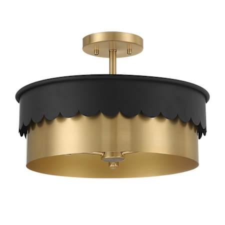 Meridian 3 Light 16" Wide Semi-Flush Drum Ceiling Fixture Matte Black / Natural Brass