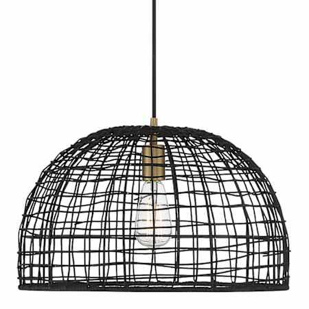 Meridian 18" Wide Single Light Pendant with Rattan Shade Black / Natural Brass