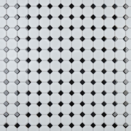 Merola Tile Metro - 12" x 12" Octagon Dot-Mounted Floor and Wall Mosaic Tile - Textured Porcelain Visual - Sold by Carton (9.4 SF/Carton) White / Black Dot