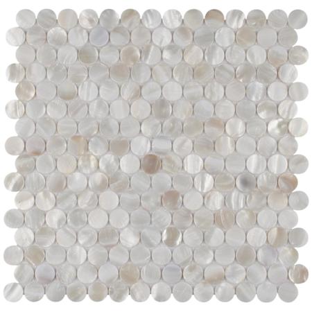 Merola Tile Conchella - 1" x 1" Circle Penny Wall Mosaic Tile - Glossy Shell Visual - Sold by Sheet (0.95 SF/Sheet) White Shell