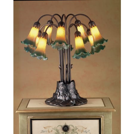 Meyda Tiffany Stained Glass / Tiffany Table Lamp from the Lilies Collection Amber/Green